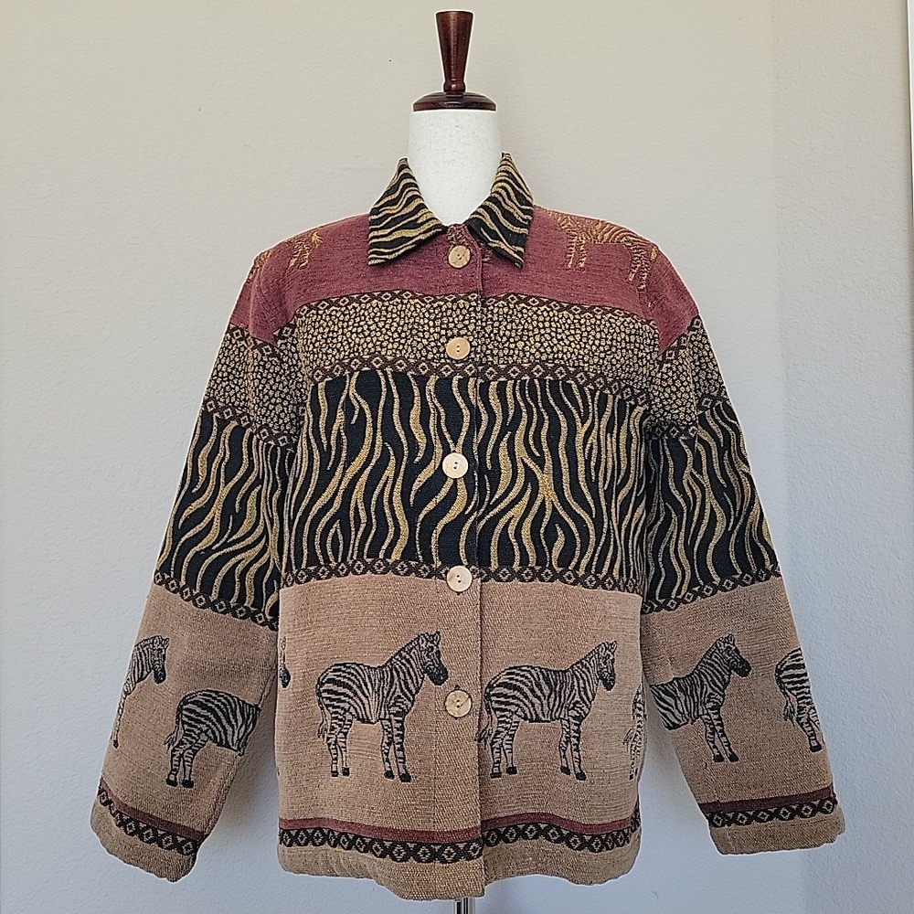 Vtg Sag Harbor Safari Zebra Tapestry Jacket Shacket Sz 10 Button Up Art Teacher